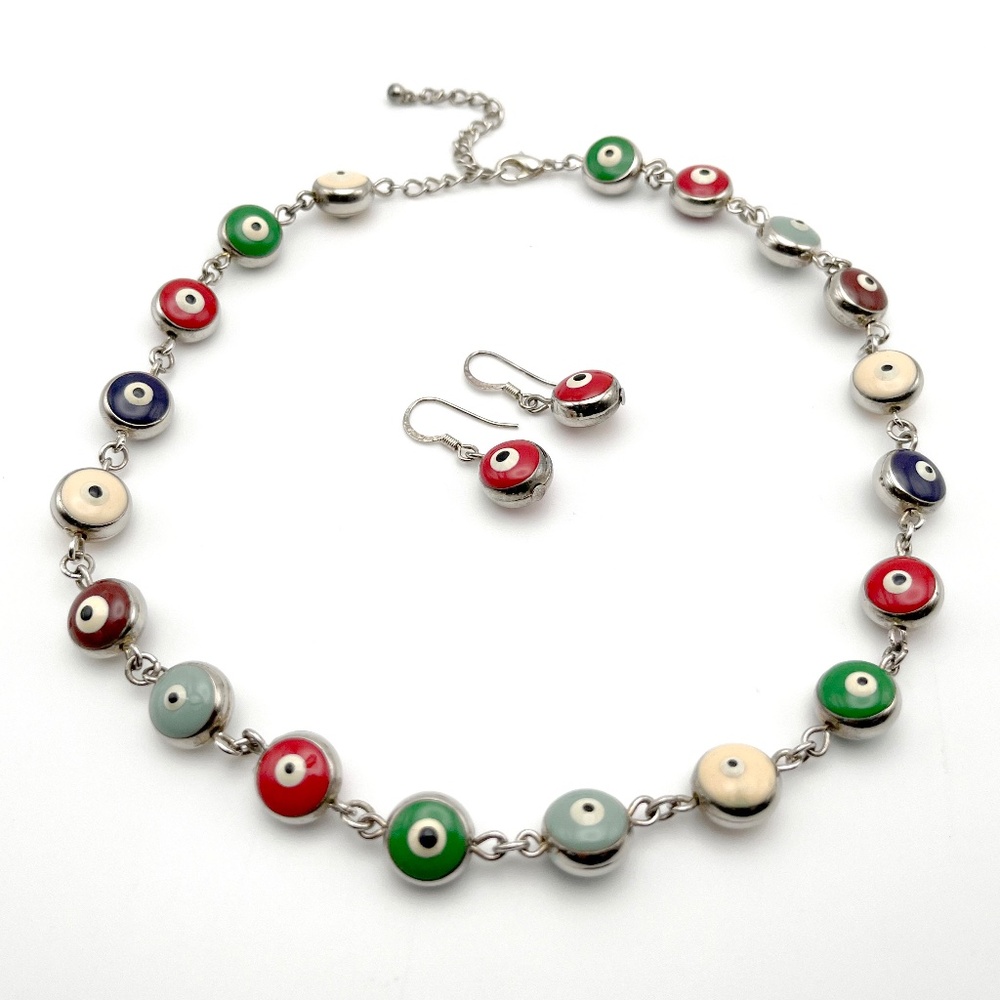 IPPO Evil Eye Necklace and Matching Earrings Sterling Silver Chain and Setting